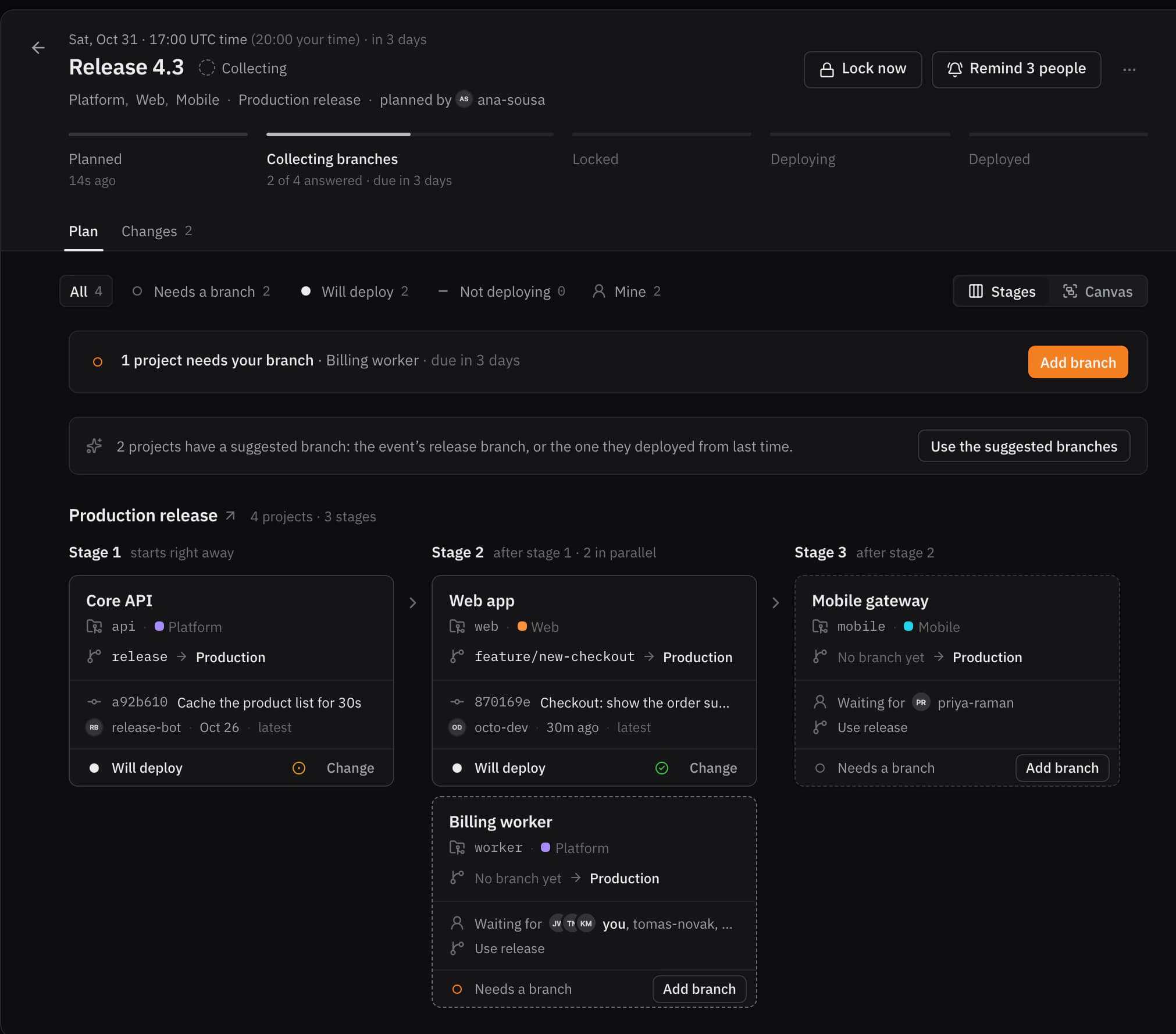 The Release 4.3 event collecting branches: the Core API and the web app have answered, each with its branch and latest commit.