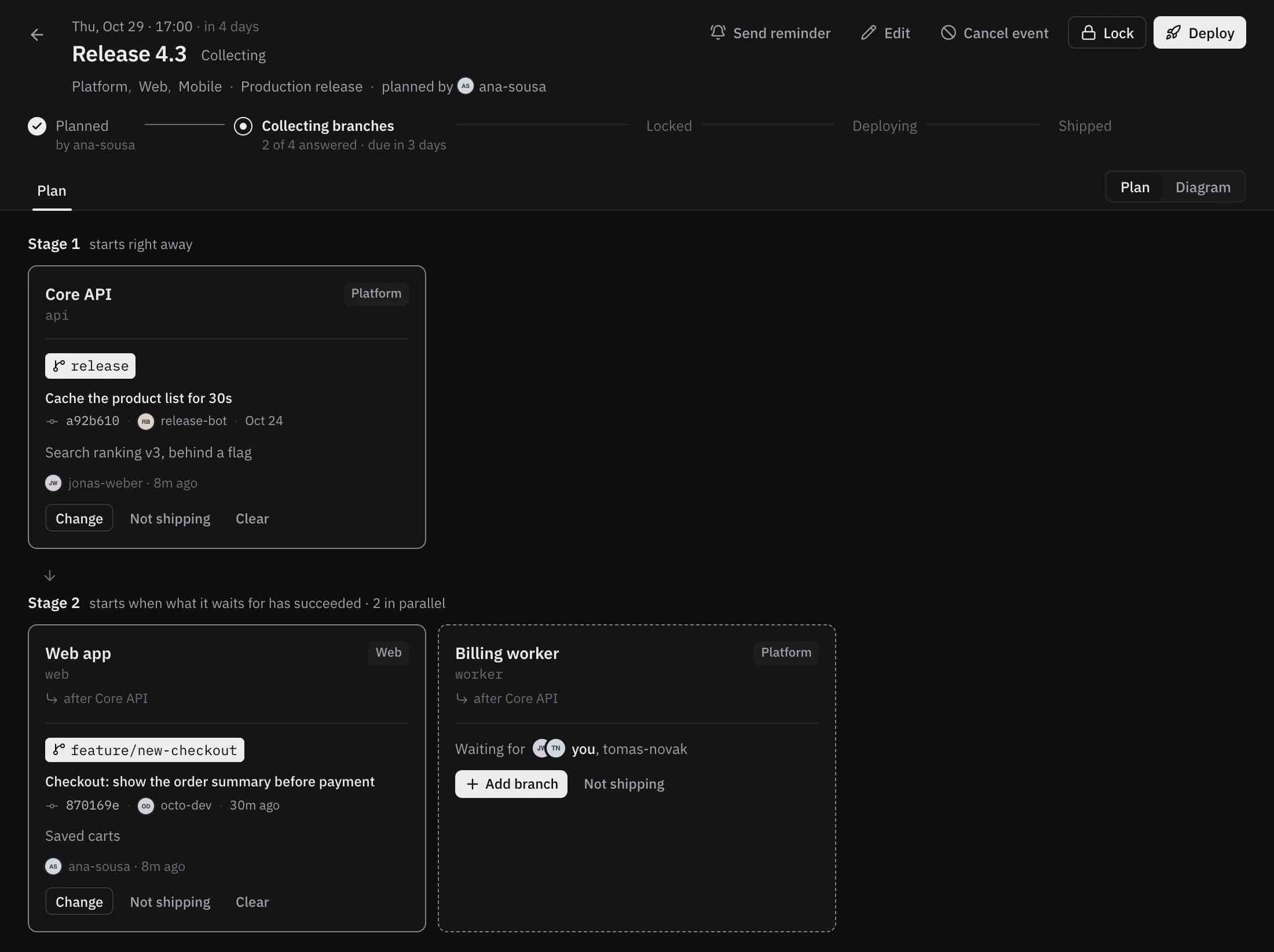The Release 4.3 event collecting branches: the Core API and the web app have answered, with branch, commit and a note.
