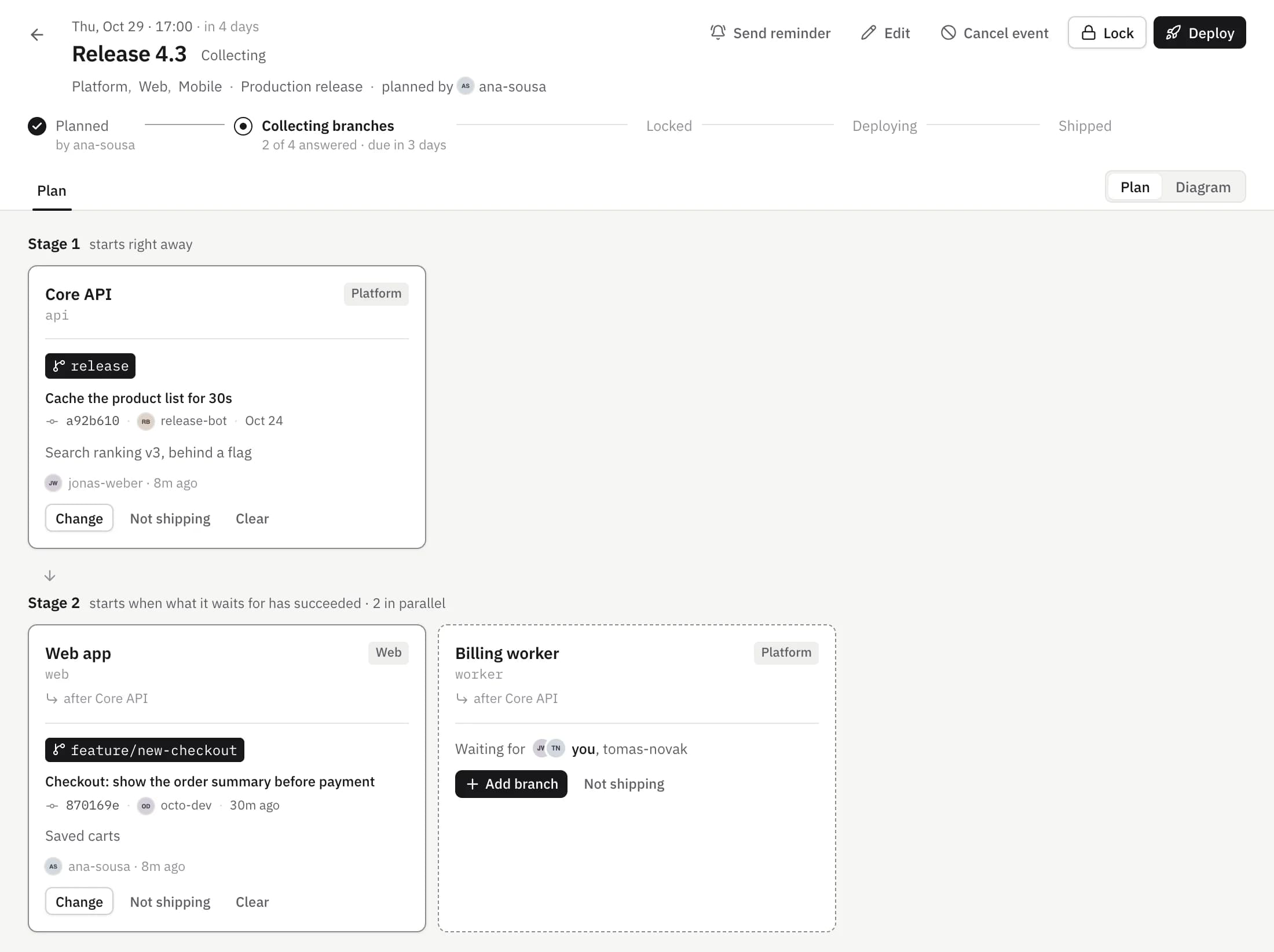 The Release 4.3 event collecting branches: the Core API and the web app have answered, with branch, commit and a note.