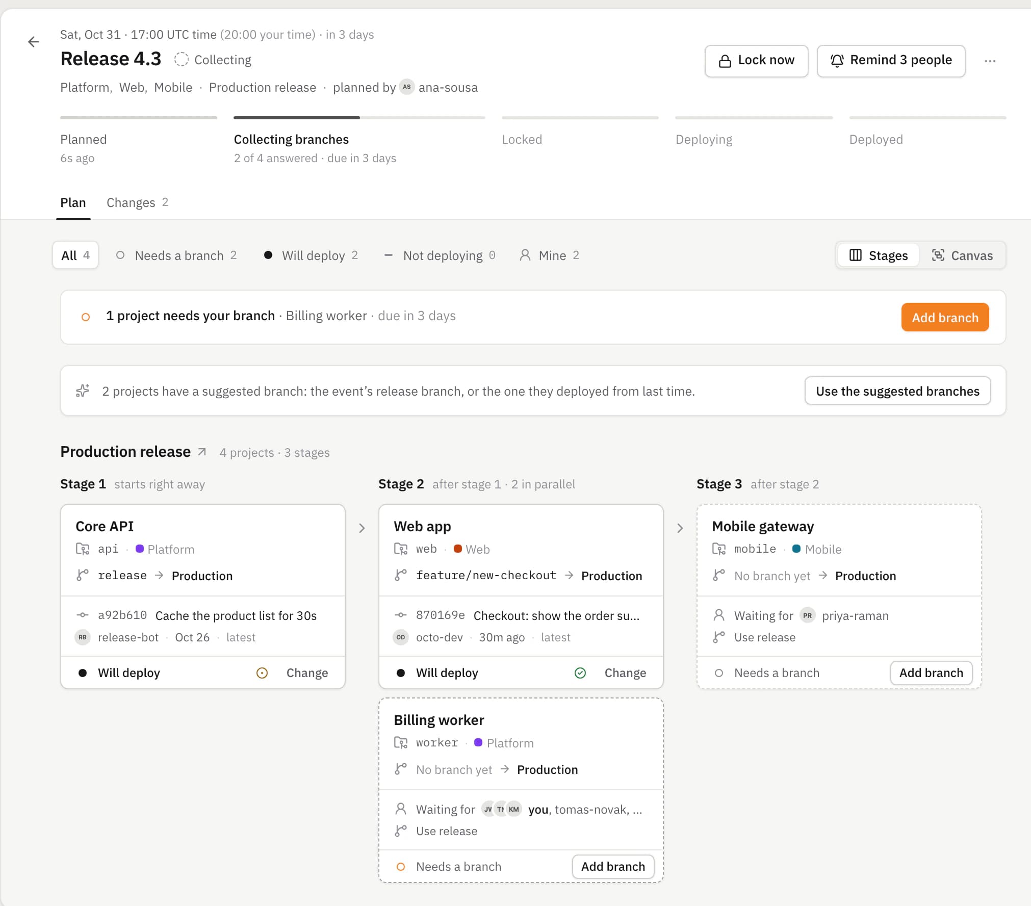 The Release 4.3 event collecting branches: the Core API and the web app have answered, each with its branch and latest commit.