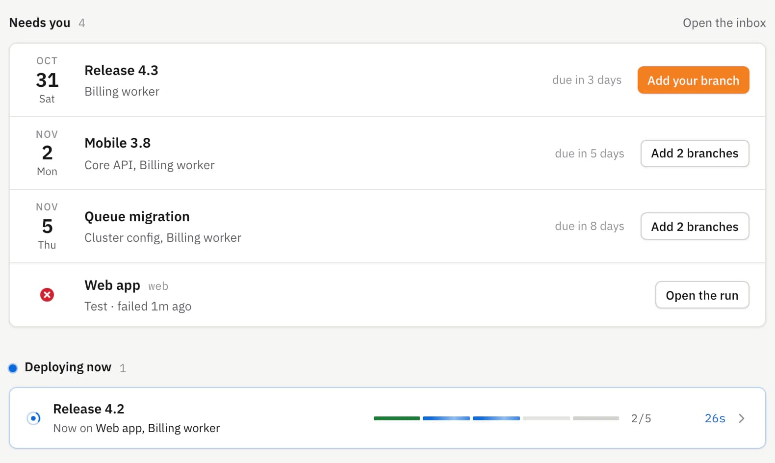Home: three events need a branch from you, a failed run needs a look, and Release 4.2 is deploying, now on the web app and the billing worker.