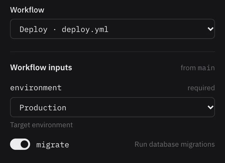 The Core API's workflow inputs: environment set to Production, database migrations switched on.