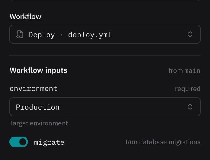 The Core API's workflow inputs: environment set to Production, database migrations switched on.