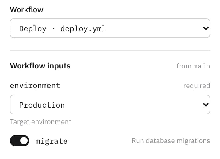 The Core API's workflow inputs: environment set to Production, database migrations switched on.