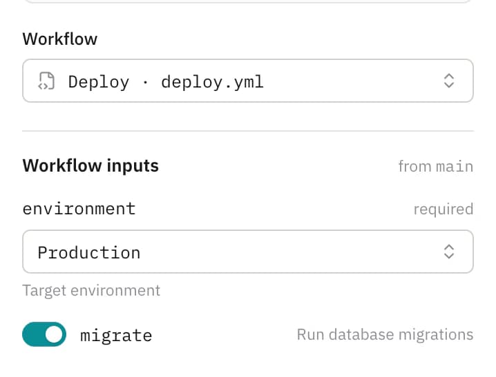 The Core API's workflow inputs: environment set to Production, database migrations switched on.