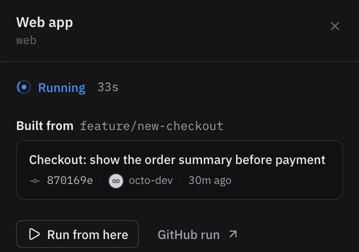 The web app's deployment: running for 33 seconds, built from feature/new-checkout.