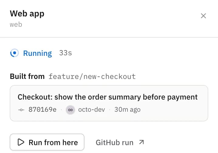 The web app's deployment: running for 33 seconds, built from feature/new-checkout.