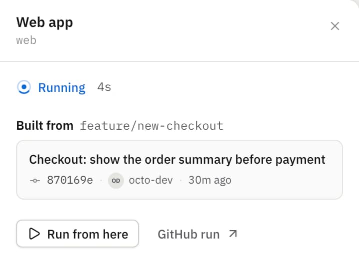 The web app's deployment, running, built from feature/new-checkout.