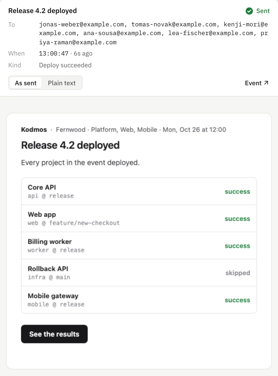 The Release 4.2 deployed email, listing each project's result.