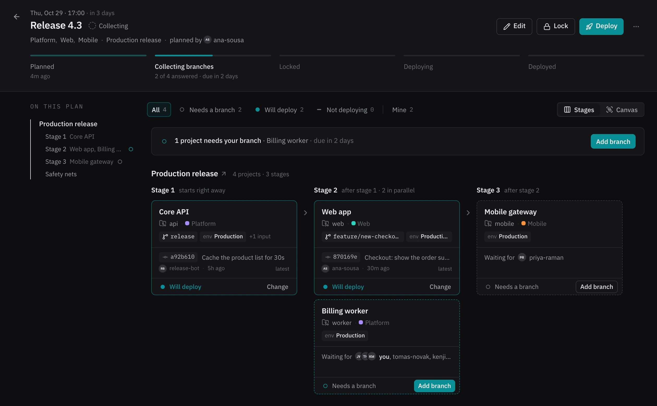 The Release 4.3 event collecting branches: the Core API and the web app have answered, each with its branch and latest commit.
