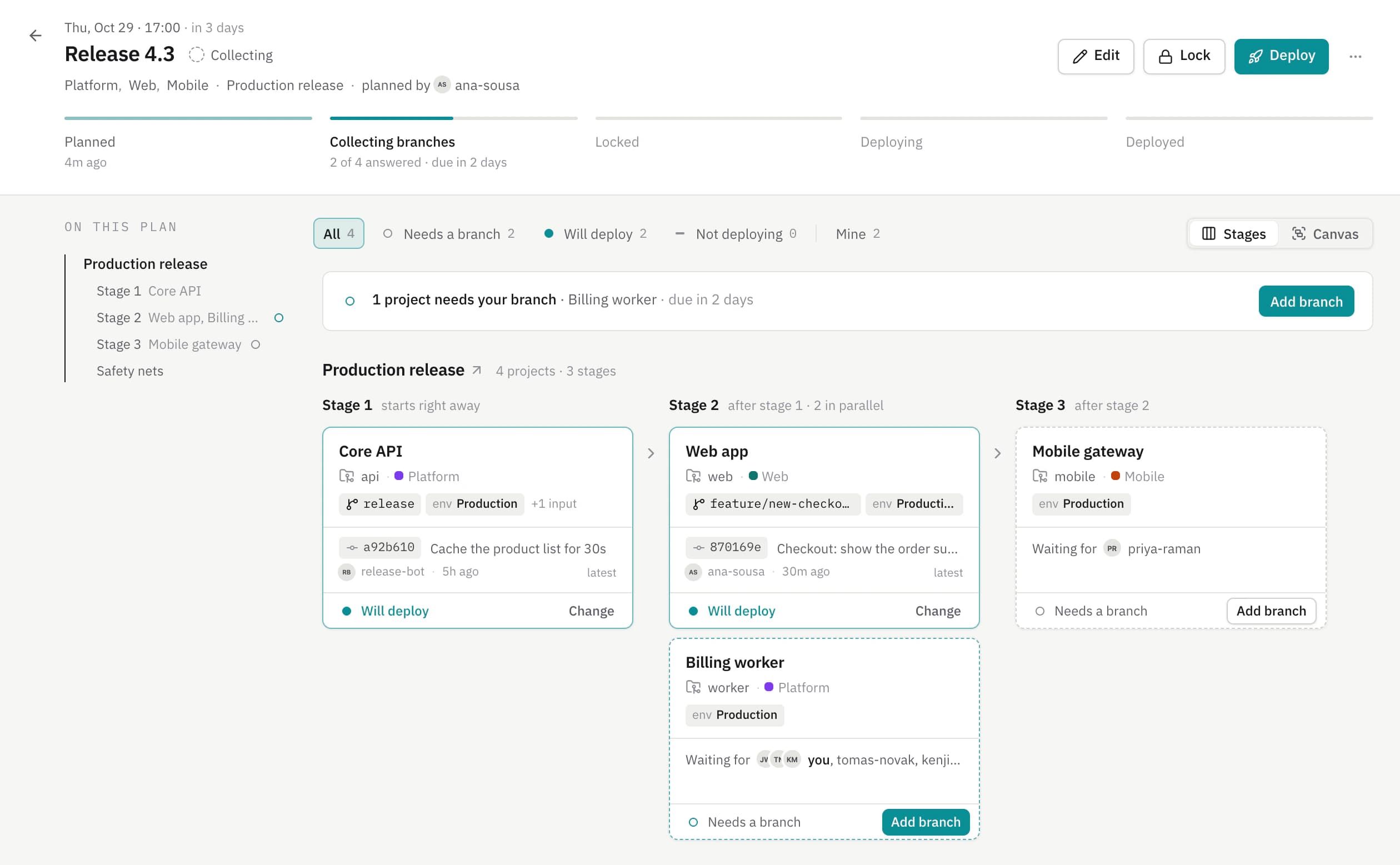 The Release 4.3 event collecting branches: the Core API and the web app have answered, each with its branch and latest commit.