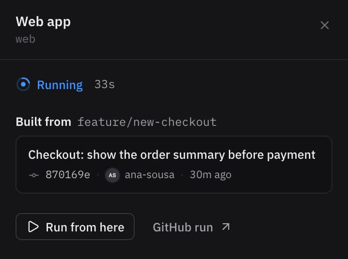 The web app's deployment: running for 33 seconds, built from feature/new-checkout.
