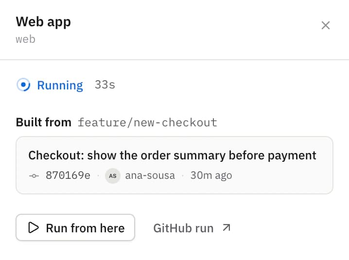 The web app's deployment: running for 33 seconds, built from feature/new-checkout.